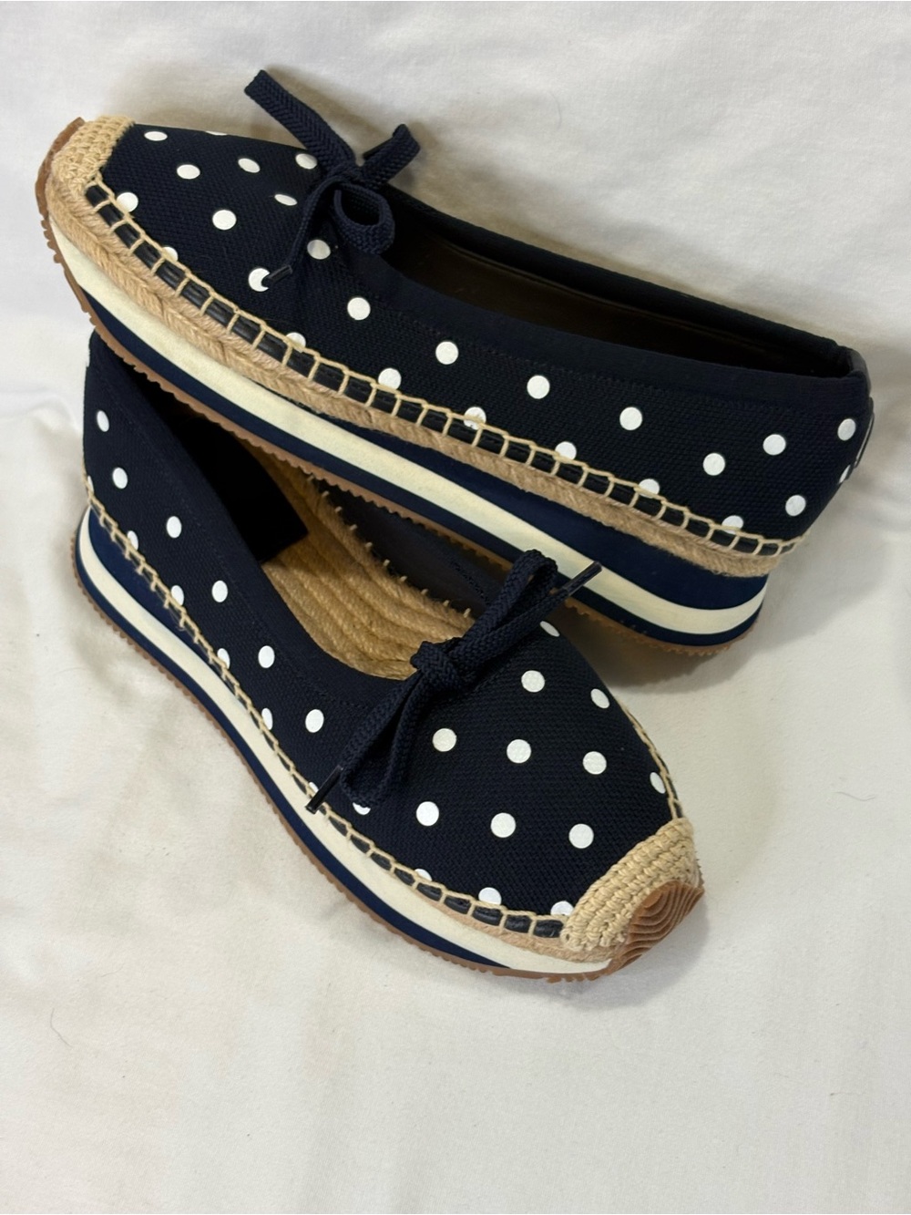 NEW Tory Burch “DAISY” Sport Ballet Navy Polka Dot Espadrille Flats Bow 7.5 $258